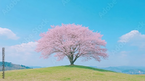 A single beautiful cherry blossom tree stands on a grassy hill