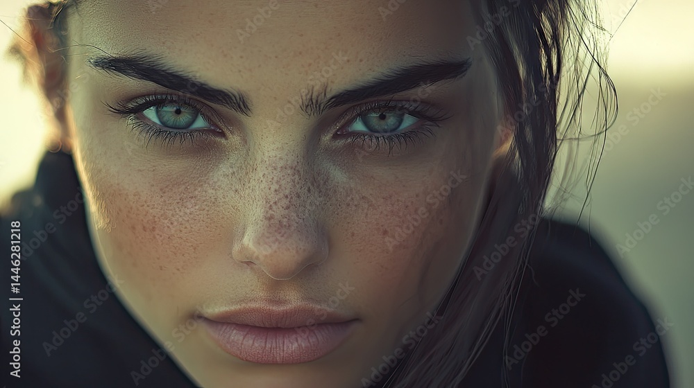 A stunning young woman gazing directly towards the camera
