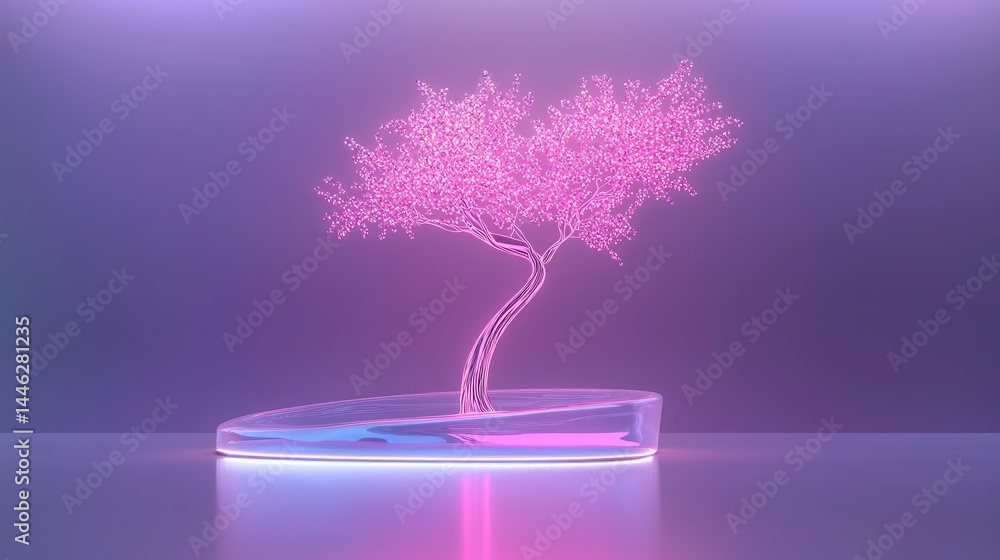 A glowing neon tree in a futuristic environment setting