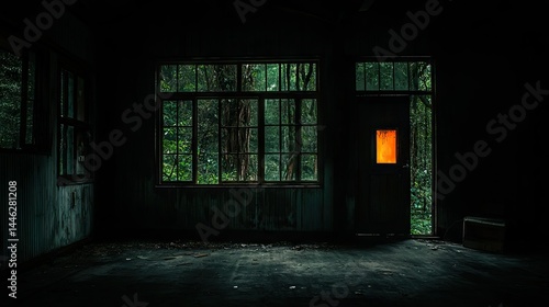 Obraz na płótnie A dark and abandoned room reveals a vibrant outdoor view w salonie