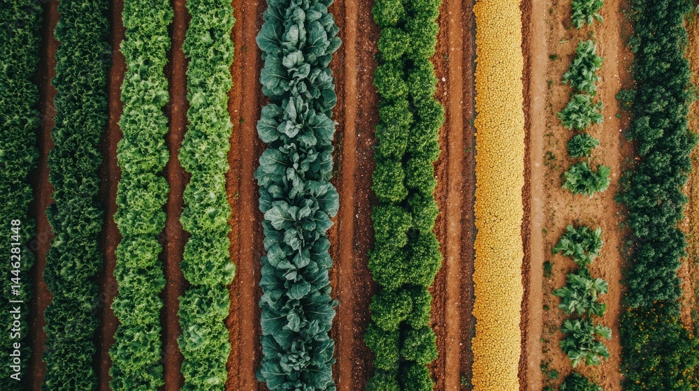 Aerial view showcasing diverse crops in rows on farmland
