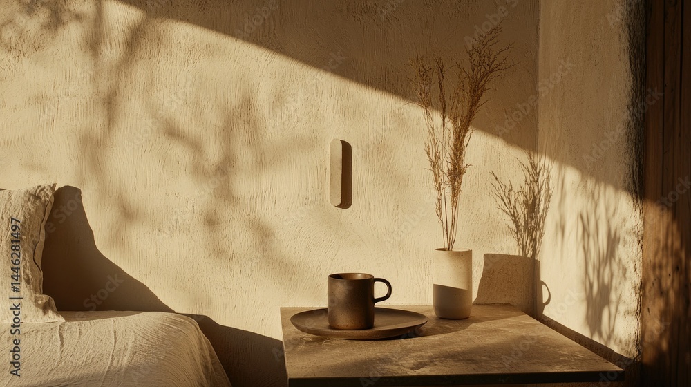 A warm interior with sunlight and simple objects in the room