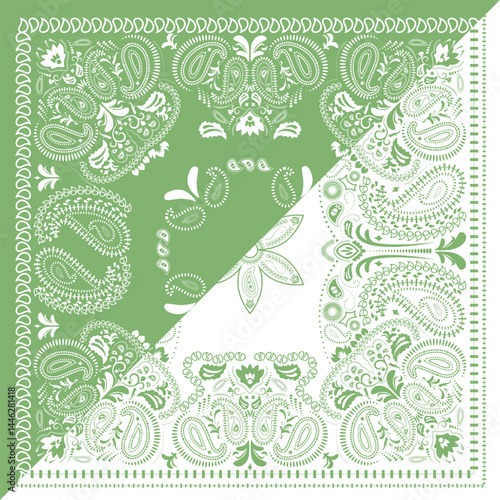 Western bandana with paisley pattern. Retro bandanna print in green tones, featuring ethnic ornaments and abstract swirls.