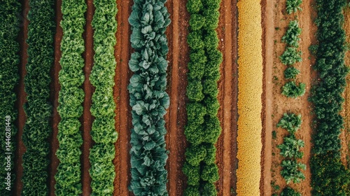 Obraz na płótnie Aerial view showcasing diverse crops in rows on farmland w salonie