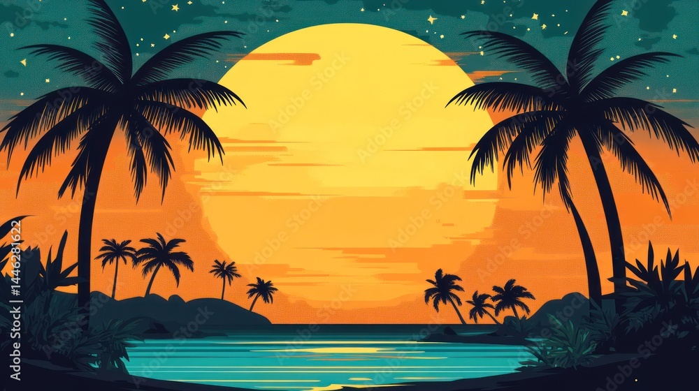 Tropical sunset scene features silhouetted palm trees and calm ocean