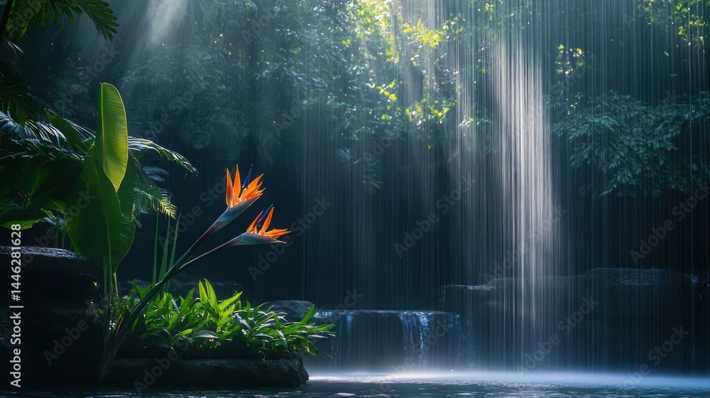 Bird of paradise flowers near a waterfall with sun rays