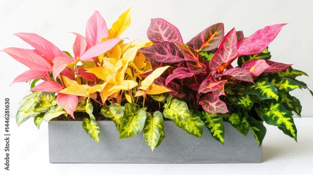 Colorful assortment of houseplants arranged together in a rectangular pot