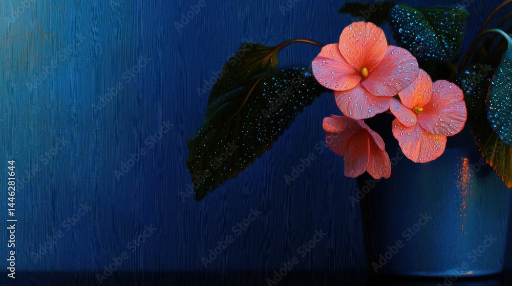 The pink blossoms with water droplets in a blue ceramic vase