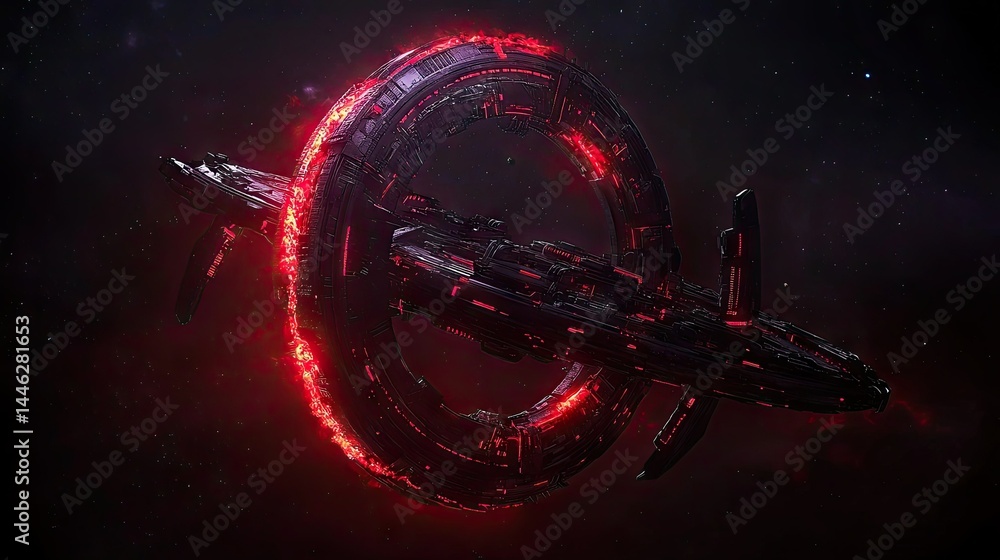 A large dark space station with red lights in deep space