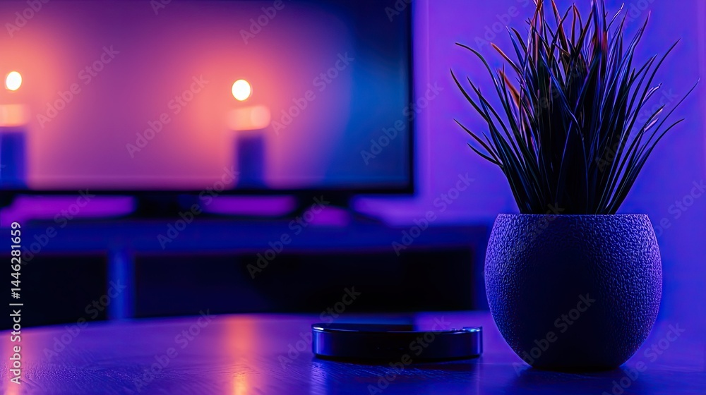 A serene indoor scene featuring plants and atmospheric lighting