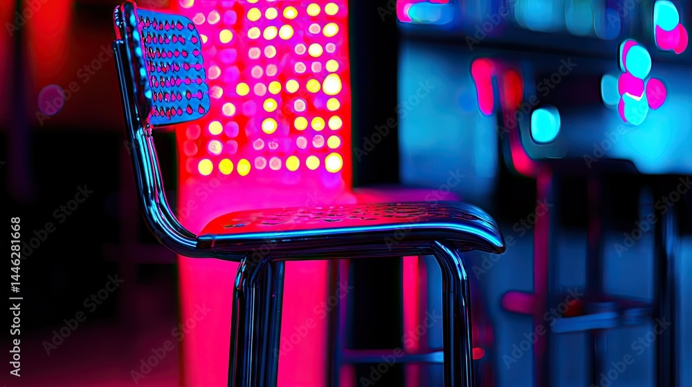 A modern bar chair in a colorful neon illuminated environment