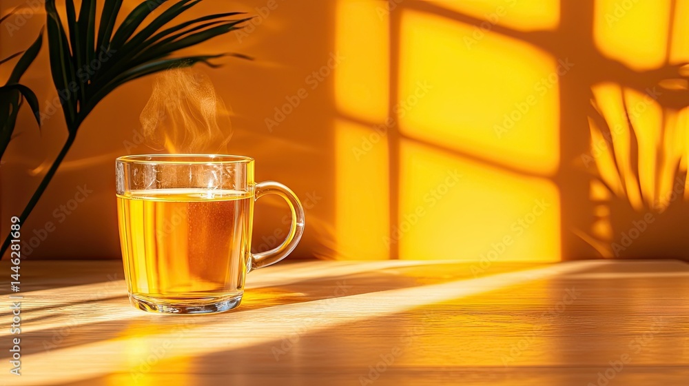 A clear glass mug of tea emits steam in sunlight