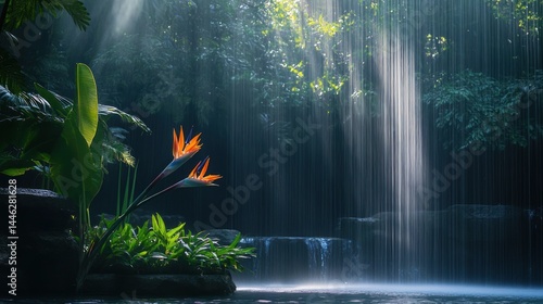 Obraz na płótnie Bird of paradise flowers near a waterfall with sun rays w salonie