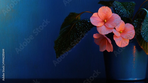 Obraz na płótnie The pink blossoms with water droplets in a blue ceramic vase w salonie