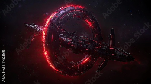 Obraz na płótnie A large dark space station with red lights in deep space w salonie