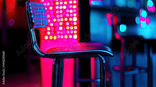 Obraz na płótnie A modern bar chair in a colorful neon illuminated environment w salonie
