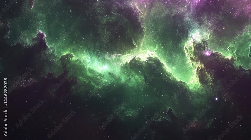 Stunning nebula with vibrant green and purple hues glows brightly