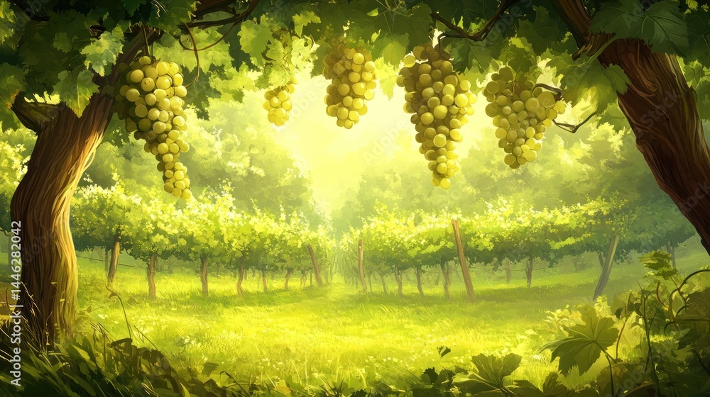 Lush vineyard with bunches of grapes hanging from vines