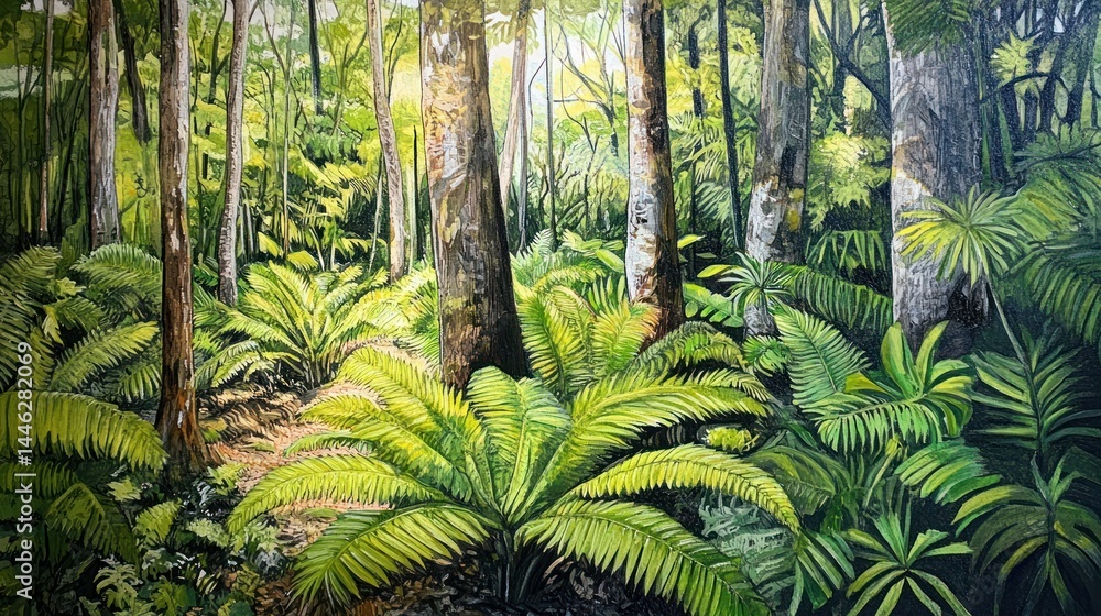 Lush rainforest scene featuring ferns and tall trees
