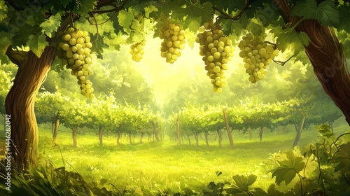 Obraz na płótnie Lush vineyard with bunches of grapes hanging from vines w salonie