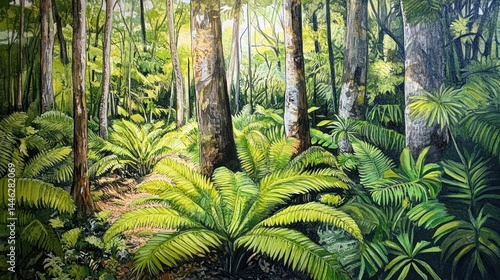 Obraz na płótnie Lush rainforest scene featuring ferns and tall trees w salonie