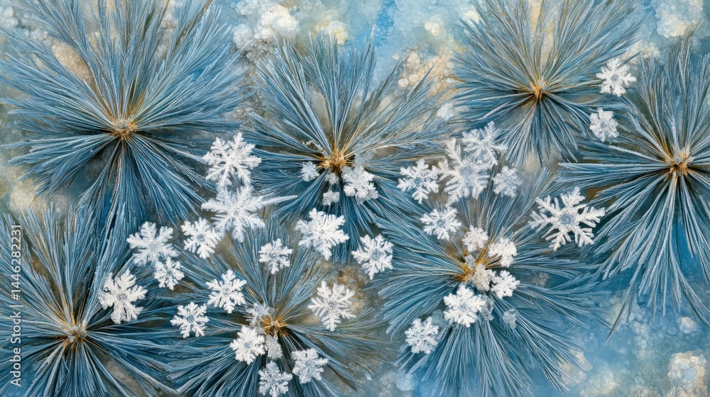 Pine needles covered in sparkling white snowflakes create winter scene