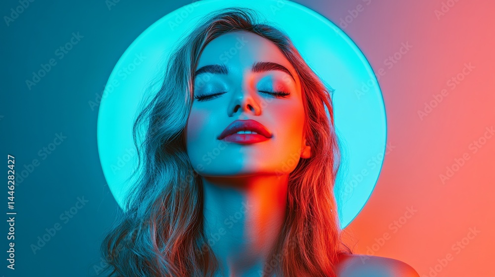 Fototapeta premium Serene Woman with Eyes Closed Under Neon Light Halo