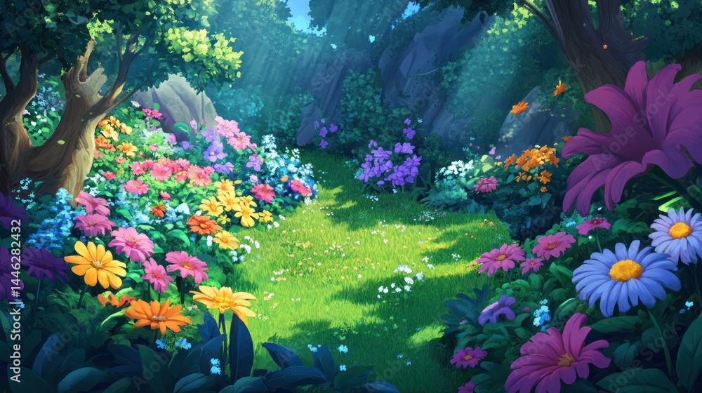 Colorful flowers bloom abundantly in a lush green fairytale garden
