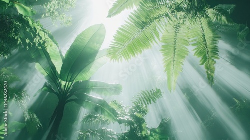 Obraz na płótnie Sunlight streams through dense green tropical foliage canopy w salonie