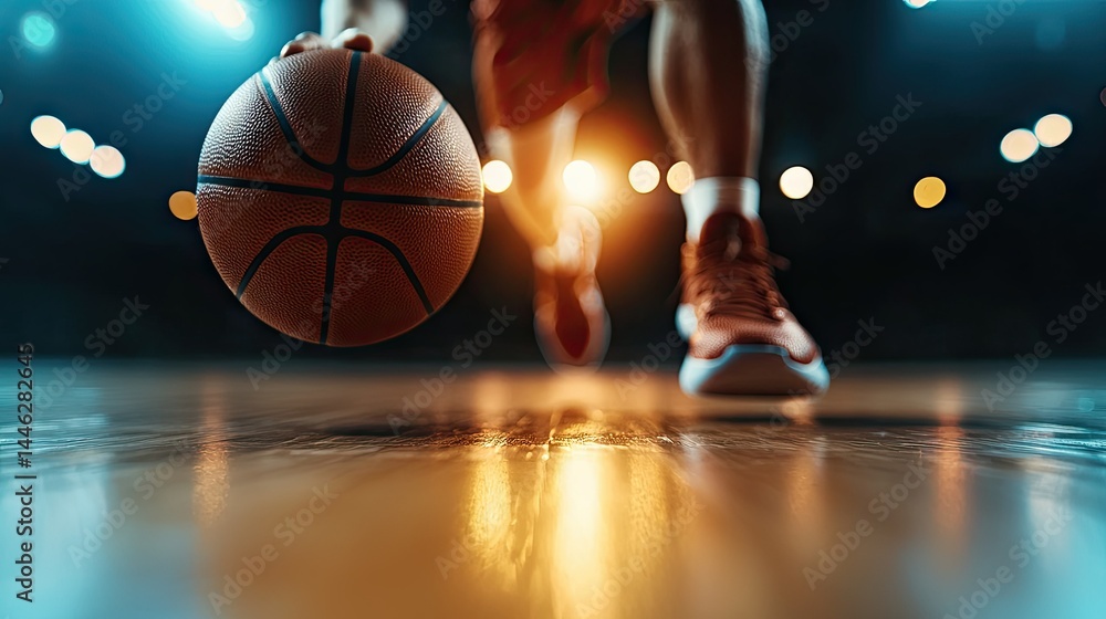 A basketball player dribbles the ball on a shiny wooden court