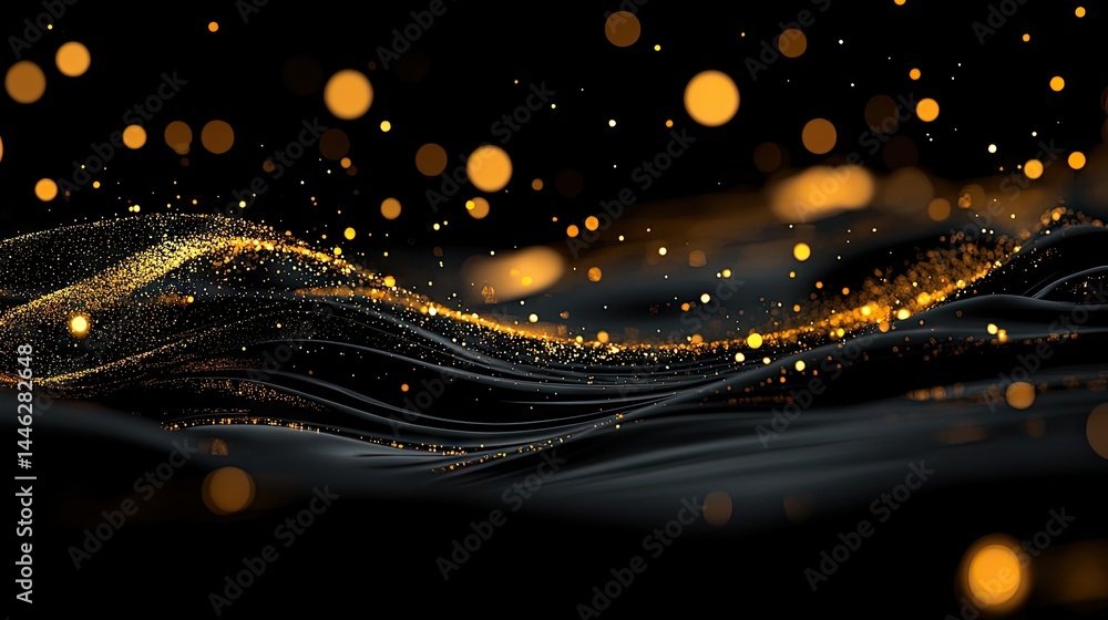 Golden Particles Sparkle Above Smooth Black Fabric Abstract Background