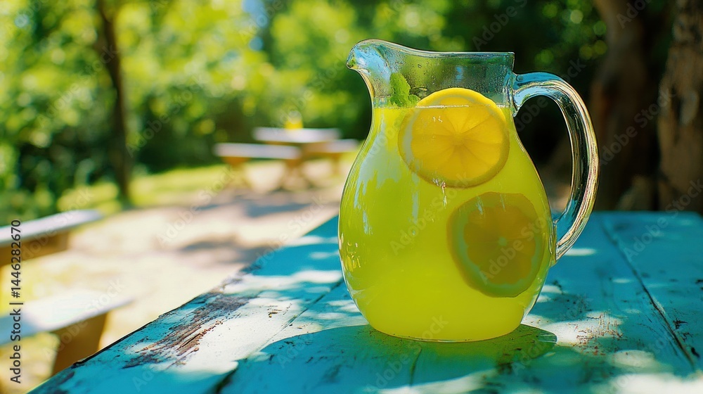 Refreshing lemonade in a glass pitcher on a wooden table