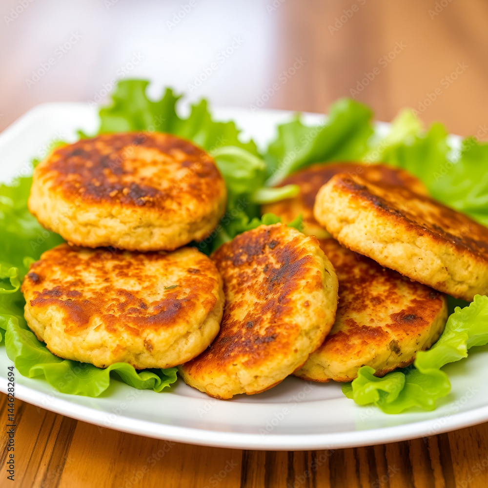 Four golden fried patties on a plate of lettuce. Four golden fried patties on a plate of lettuce.