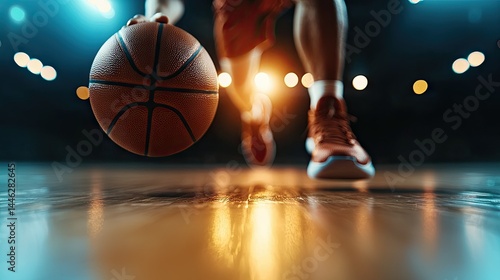 Obraz na płótnie A basketball player dribbles the ball on a shiny wooden court w salonie