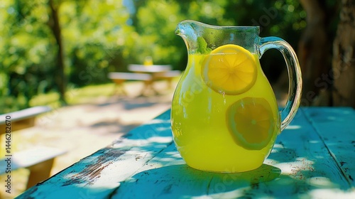 Refreshing lemonade in a glass pitcher on a wooden table