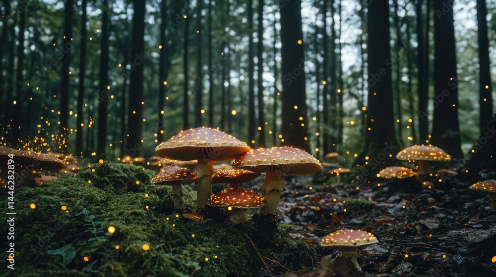 Enchanted forest floor features mushrooms and golden orbs of light