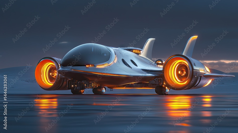 A futuristic silver vehicle with glowing engines on the ground