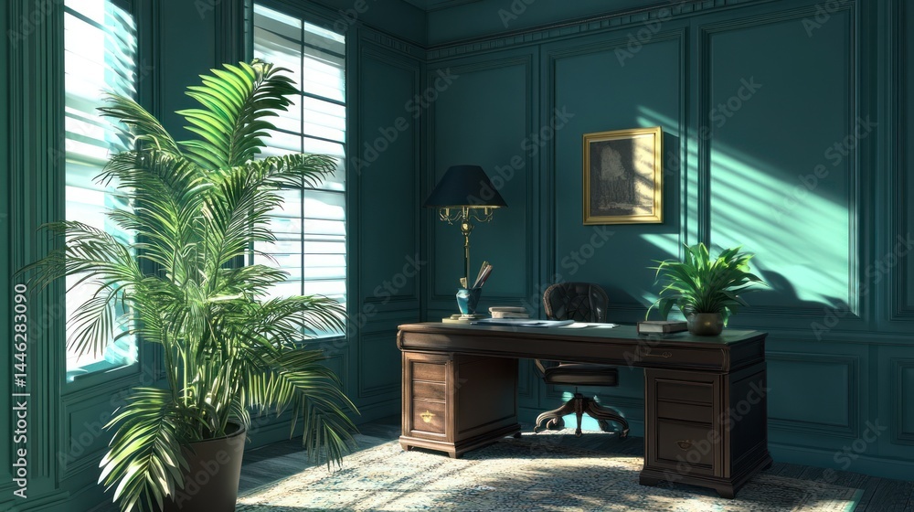 A luxurious office interior with a desk and plants