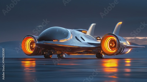 Obraz na płótnie A futuristic silver vehicle with glowing engines on the ground w salonie
