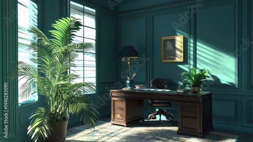 Obraz na płótnie A luxurious office interior with a desk and plants w salonie