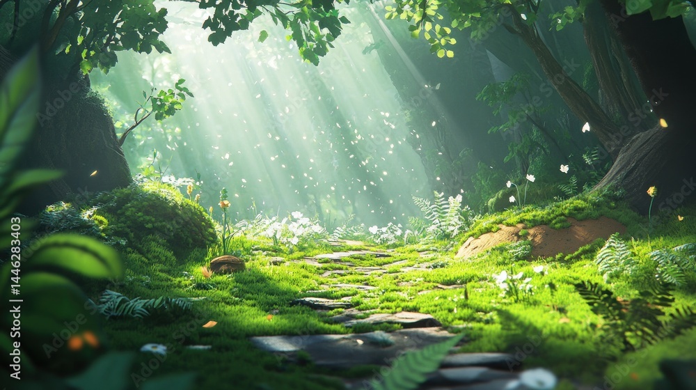 A magical forest path illuminated by ethereal sunlight and greenery