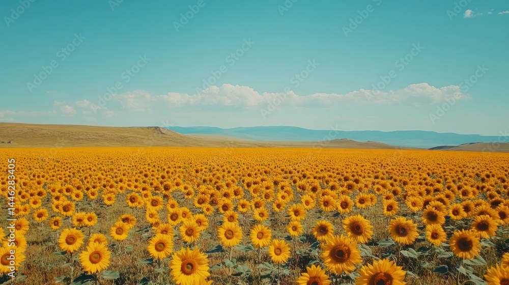 Expansive sunflower field stretches towards horizon under a clear sky