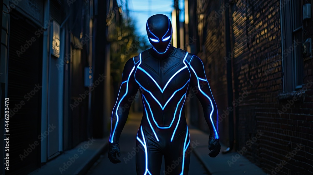 A person in a glowing futuristic costume stands in an alley
