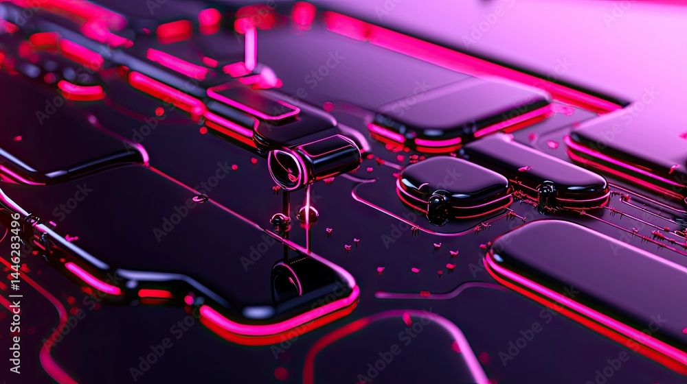 Abstract electronic circuit board featuring glowing pink and purple colors