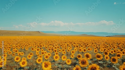 Obraz na płótnie Expansive sunflower field stretches towards horizon under a clear sky w salonie
