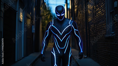 A person in a glowing futuristic costume stands in an alley