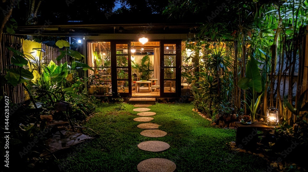 A peaceful outdoor space illuminated at night with plants