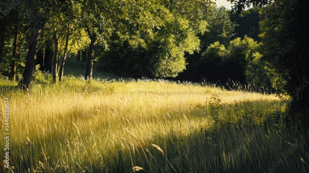 Golden wheat field with trees in the background in summer