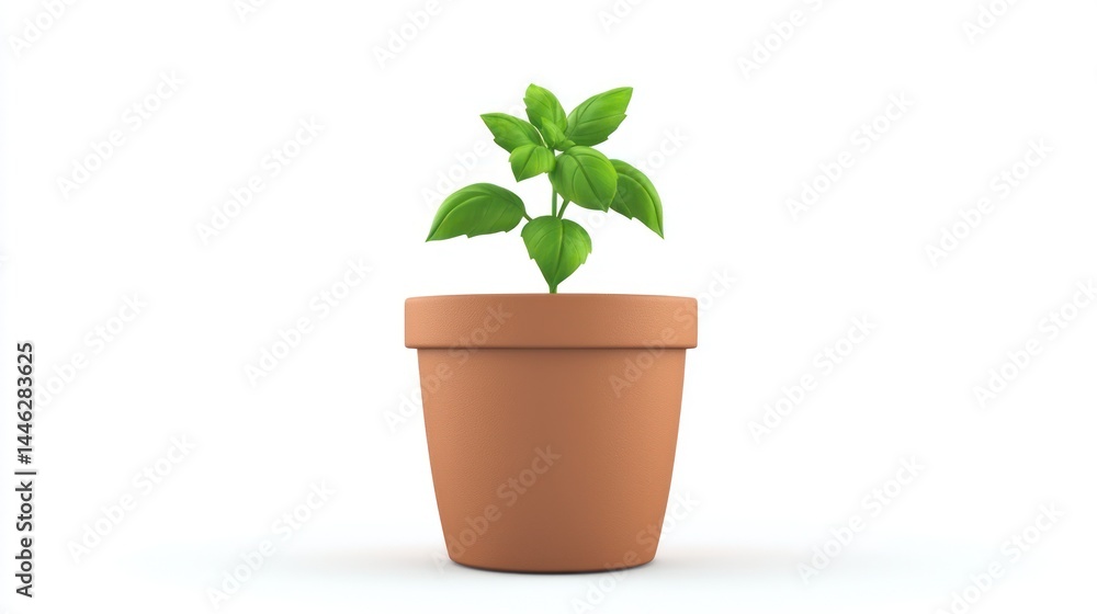 Fototapeta premium A small basil plant in a terracotta pot