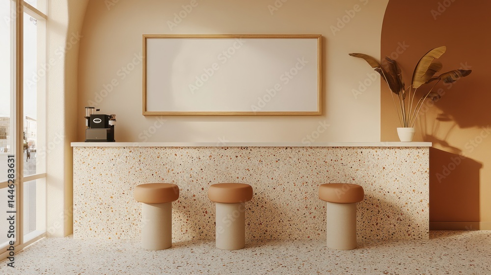 Modern neutral interior with terrazzo bar counter and stools